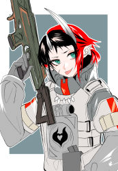 Rule 34 | 1girl, nanashi inc., apex legends, black hair, blue background, blue eyes, closed mouth, commentary request, cosplay, demon girl, demon horns, eyes visible through hair, gibraltar (apex legends), gibraltar (apex legends) (cosplay), gun, hatori naco, highres, holding, holding gun, holding weapon, horns, jewelry, looking to the side, multicolored hair, necklace, pointy ears, red hair, ryugasaki rene, short hair, simple background, smile, solo, sugar lyric, tongue, tongue out, tooth necklace, two-tone hair, upper body, virtual youtuber, weapon, white background
