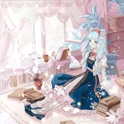 Rule 34 | 1girl, animal ears, aqua hair, arknights, bear ears, bird, blue dress, blue footwear, book, book stack, closed mouth, curtains, dress, expressionless, flower, frilled dress, frills, full body, green eyes, hair flower, hair ornament, hairband, highres, holding, holding book, indoors, istina (arknights), istina (bibliosmia) (arknights), leaf, lips, long hair, long sleeves, looking at viewer, monocle, neckerchief, official alternate costume, open window, procreate (medium), red hairband, red neckerchief, shirt, shoes, simisimi, sitting, socks, solo, white flower, white shirt, white socks, window