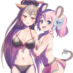 Rule 34 | 2girls, :d, a (show by rock!!), animal ear fluff, animal ears, arm hug, bare arms, bare shoulders, bikini, black bikini, black hair, blue bow, blue eyes, blush, bow, breasts, brown eyes, collarbone, hair between eyes, hair bow, halterneck, high ponytail, highres, long hair, medium breasts, mouse ears, mouse girl, mouse tail, multiple girls, nyama, open mouth, parted lips, pink bikini, ponytail, show by rock!!, simple background, smile, swimsuit, tail, tail bow, tail ornament, thick eyebrows, un (show by rock!!), very long hair, white background