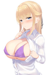 Rule 34 | 1girl, absurdres, bikini, bikini under clothes, black ribbon, blonde hair, blue eyes, blush, breasts, cleavage, closed mouth, collared shirt, commentary request, finger to cheek, hair ribbon, highres, kanata (kanade pa), long hair, long sleeves, open clothes, open shirt, original, purple bikini, ribbon, shirt, sidelocks, solo, swimsuit, underboob, upper body, wing collar