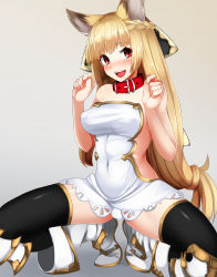 Rule 34 | 10s, 1girl, animal ears, backless dress, backless outfit, black thighhighs, blonde hair, blush, boots, braid, breasts, collar, dress, erune, gloves, granblue fantasy, long hair, looking at viewer, open mouth, panties, panty peek, red eyes, smile, solo, squatting, tenken (gotannda), thighhighs, underwear, very long hair, yuisis (granblue fantasy)