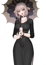 Rule 34 | 1girl, absurdres, ahoge, black choker, black dress, blunt bangs, bob cut, bra strap, breasts, character request, choker, cleavage, cross, cross necklace, dress, dungeon and fighter, earrings, head tilt, highres, holding, holding umbrella, hoop earrings, jewelry, large breasts, long dress, long sleeves, looking at viewer, medium hair, necklace, open mouth, original, rktlek159, simple background, solo, umbrella, watch, white background, wristwatch, yellow eyes