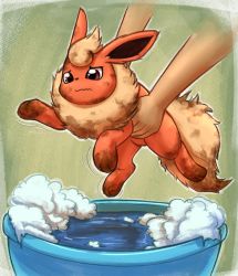 Rule 34 | bath, brown eyes, closed mouth, commentary, creature, creatures (company), dirty, english commentary, flareon, game freak, gen 1 pokemon, holding, holding pokemon, motion lines, nintendo, otakuap, pokemon, pokemon (creature), solo focus, water