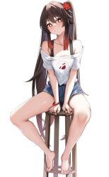 Rule 34 | 1girl, bare legs, barefoot, black nails, brown hair, flower, flower-shaped pupils, genshin impact, gradient hair, grin, hair flower, hair ornament, highres, hu tao (genshin impact), jewelry, long hair, looking at viewer, multicolored hair, red eyes, ring, simple background, skai kun, smile, solo, symbol-shaped pupils, thighs, white background