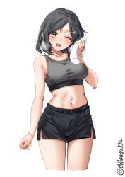 Rule 34 | 1girl, alternate costume, black hair, black shorts, black tank top, breasts, collarbone, cowboy shot, cropped legs, ebifurya, hair ornament, hairclip, highres, kantai collection, kuroshio (kancolle), large breasts, navel, one-hour drawing challenge, one eye closed, short hair, shorts, sleeveless, smile, solo, sports bra, stomach, sweat, tank top, towel, twitter username, white background, yellow eyes