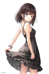 Rule 34 | 1girl, aqua eyes, back, black dress, blush, breasts, brown hair, check commentary, commentary request, cowboy shot, dress, highres, looking back, medium breasts, original, short hair, simple background, skirt hold, smile, solo, sundress, white background, yuluvine