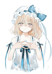 Rule 34 | 1girl, absurdres, alternate color, blue bow, blue flower, blue ribbon, bow, closed mouth, cropped torso, fingernails, flandre scarlet, flat chest, flower, forget-me-not (flower), frown, hat, hat bow, highres, looking at viewer, medium hair, mob cap, neck ribbon, niseneko (mofumofu ga ienai), no wings, one side up, pink eyes, ribbon, short sleeves, simple background, solo, touhou, upper body, white background
