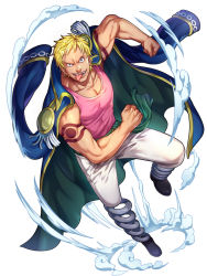 Rule 34 | 1boy, bare arms, bellamy, bellamy pirates, blonde hair, covered abs, fighting stance, foxvulpine, full body, grin, jacket, large pectorals, looking at viewer, male focus, muscular, one piece, open clothes, open jacket, pants, pectorals, pink tank top, short hair, shoulder tattoo, smile, solo, spring (object), tank top, tattoo, tongue, tongue out, white background, white pants