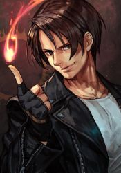 Rule 34 | 1boy, black jacket, brown eyes, brown hair, closed mouth, fingerless gloves, fire, gloves, hungry clicker, index finger raised, jacket, kusanagi kyou, leather, leather jacket, male focus, manly, pants, pyrokinesis, shirt, smile, smug, snk, solo, the king of fighters, white shirt