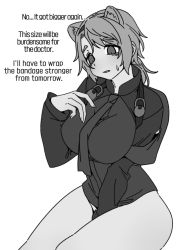 Rule 34 | 1girl, absinthe (arknights), animal ears, arknights, bear ears, breasts, english text, grey hair, large breasts, monochrome, noiimad, thighs