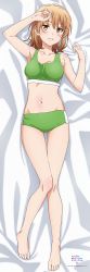 Rule 34 | 1girl, armpits, arms up, bare arms, bare legs, bare shoulders, barefoot, bed, bed sheet, belly, blush, breasts, brown hair, collarbone, hair between eyes, highres, isshiki iroha, large breasts, looking at viewer, lying, medium breasts, nail polish, navel, official art, parted lips, pillow, playing sports, promotional art, smile, sports bikini, sports bra, sportswear, teeth, yahari ore no seishun lovecome wa machigatteiru.