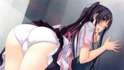 Rule 34 | 1girl, against wall, ass, bent over, black hair, blush, clothes lift, from behind, game cg, legs, long hair, looking back, open mouth, out vegetables, panties, sasaki tamaru, school uniform, skirt, skirt lift, solo, sunlight, sweat, thighs, underwear, upskirt, white panties, yellow eyes