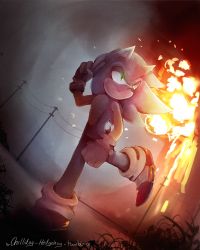 Rule 34 | 1boy, animal ears, artist name, blue hair, clenched hand, dutch angle, explosion, furry, furry male, gloves, grass, green eyes, grin, hand up, heart, highres, leg up, looking back, male focus, outdoors, power lines, red footwear, shoes, sideways mouth, smile, solo, sonic (series), sonic the hedgehog, spacecolonie, standing, standing on one leg, tail, teeth, tumblr username, white gloves