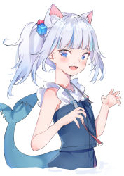 Rule 34 | 1girl, :d, absurdres, animal ear fluff, animal ears, auui, blue dress, blue eyes, blue hair, cat ears, commentary request, cropped torso, cube hair ornament, dress, fins, fish tail, gawr gura, gawr gura (casual), hair ornament, hands up, highres, hololive, hololive english, looking at viewer, multicolored hair, open mouth, shark tail, sharp teeth, shirt, side ponytail, sidelocks, simple background, sleeveless, sleeveless dress, sleeveless shirt, smile, solo, streaked hair, tail, teeth, virtual youtuber, white background, white hair, white shirt