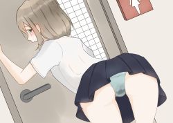Rule 34 | 1girl, ass, black skirt, blue panties, blush, brown eyes, brown hair, door, dutch angle, ear blush, embarrassed, female focus, from behind, hand up, have to pee, highres, indoors, leaning forward, looking at viewer, looking back, miniskirt, open mouth, original, panties, pleated skirt, school uniform, shirt, short hair, short sleeves, skirt, solo, standing, taiya (pixiv 33530521), underwear, wet, wet clothes, wet panties, white shirt