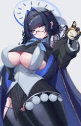 Rule 34 | 1girl, absurdres, black gloves, black hair, blue eyes, blue hair, blush, bow, bow earrings, breasts, chain, chain headband, closed mouth, clothing cutout, colored inner hair, earrings, fang, glasses, gloves, hair intakes, hair ornament, highres, hololive, hololive english, huge breasts, jewelry, long hair, looking at viewer, multicolored hair, ouro kronii, ouro kronii (1st costume), rhea rks, skin fang, thighs, turtleneck, virtual youtuber