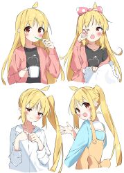 Rule 34 | 1girl, :d, absurdres, ahoge, black shirt, blonde hair, blue shirt, blush, bocchi the rock!, bow, brown dress, brown eyes, brushing teeth, collarbone, collared shirt, commentary request, cropped torso, cup, dress, dress shirt, frilled pillow, frills, hair bow, hair down, hand up, highres, holding, holding cup, holding toothbrush, ijichi nijika, jacket, long hair, multiple views, one eye closed, open clothes, open jacket, open mouth, pillow, pink bow, pink jacket, polka dot, polka dot bow, rubbing eyes, sailor collar, shirt, side ponytail, simple background, sleeveless, sleeveless dress, smile, suta0822, toothbrush, upper body, very long hair, white background, white sailor collar, white shirt, yawning