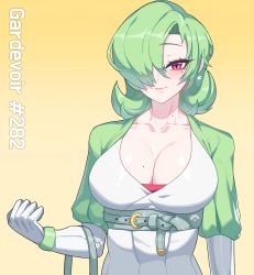Rule 34 | 1girl, belt, breasts, cleavage, closed mouth, collarbone, creatures (company), drunkoak, elbow gloves, game freak, gardevoir, gen 3 pokemon, gloves, gradient background, green belt, green hair, hair over one eye, highres, large breasts, long bangs, looking at viewer, mole, mole on breast, mole on neck, mole under eye, nintendo, personification, pokemon, pokemon (creature), red eyes, short hair, simple background, smile, solo, upper body, white gloves, yellow background