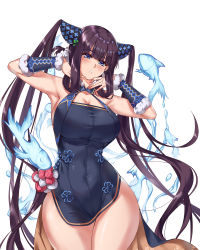 Rule 34 | 1girl, armpits, bare shoulders, black dress, blue eyes, blue fire, blunt bangs, blush, breasts, china dress, chinese clothes, cleavage, covered navel, detached sleeves, dress, fate/grand order, fate (series), fire, fish, floral print, hair ornament, hands up, highres, large breasts, leaf hair ornament, long hair, looking at viewer, nichts (nil), open mouth, purple hair, side slit, sidelocks, simple background, solo, thighs, twintails, very long hair, white background, yang guifei (fate), yang guifei (second ascension) (fate)