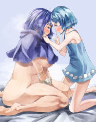 Rule 34 | 2girls, bandages, blue dress, blue eyes, blue hair, blush, bottomless, bracelet, breasts, commentary request, dress, flat chest, forehead-to-forehead, hand on another&#039;s chin, heads together, hood, jewelry, kumoi ichirin, large breasts, microdress, multiple girls, nude, plump, red eyes, seiza, short hair, sitting, steam, sweat, tatara kogasa, text focus, touhou, yohane, yuri