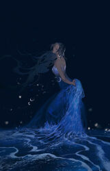 Rule 34 | 1girl, bare arms, bare shoulders, black hair, blue dress, closed eyes, closed mouth, crescent, crescent earrings, dress, earrings, floating hair, from side, highres, ibuki satsuki, jewelry, long hair, necklace, original, outdoors, parted bangs, sleeveless, sleeveless dress, solo, wading, water