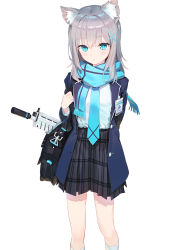 Rule 34 | assault rifle, blue archive, hair between eyes, highres, kneehighs, sig sauer 556, simple background, socks, solo, tagme, wasabi60, white background