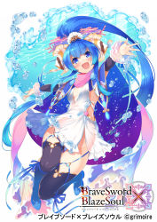 Rule 34 | 1girl, black thighhighs, blue eyes, blue hair, blunt bangs, brave sword x blaze soul, breasts, cape, center opening, detached sleeves, dress, fish, full body, highres, kokka han, long hair, looking at viewer, open mouth, outstretched arms, ponytail, see-through, see-through dress, small breasts, solo, spread arms, thighhighs, white dress