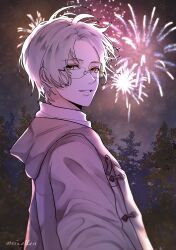 Rule 34 | 1boy, aerial fireworks, brown coat, brown eyes, coat, commentary, english commentary, fireworks, forehead, from side, glasses, grey hair, highres, hood, hood down, hooded coat, looking at viewer, looking to the side, male focus, meixallen, night, night sky, outdoors, parted bangs, parted lips, shirt, signature, sky, solo, tears of themis, tree, upper body, vyn richter (tears of themis), white shirt
