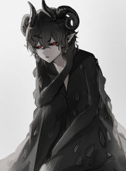 Rule 34 | 1boy, adrammelech (black clover), black clover, black hair, black sclera, claws, closed mouth, colored sclera, demon boy, demon horns, grey sky, highres, horns, pointy ears, red eyes, simple background, sky, solo, tsugutoku, white background