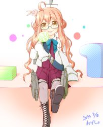 Rule 34 | 10s, 1girl, 2014, :p, ahoge, arakawa tarou, blue bow, blush, boots, bow, rabbit, candy, dated, glasses, happy, highres, kantai collection, lollipop, long hair, looking at viewer, makigumo (kancolle), orange hair, pantyhose, purple skirt, ribbon, school uniform, skirt, sleeves past wrists, smile, solo, tongue, tongue out, translation request, twintails, yellow eyes