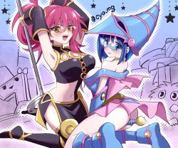 Rule 34 | 2girls, ahoge, armpits, arms up, bare shoulders, blue-tinted eyewear, blue eyes, blue footwear, blue hair, breasts, chaya mago, choker, cosplay, dark magician girl (cosplay), detached sleeves, duel monster, evil twin ki-sikil, evil twin lil-la, glasses, green eyes, hat, ki-sikil (yu-gi-oh!), large breasts, lil-la (yu-gi-oh!), multiple girls, open mouth, orange-tinted eyewear, orange-tinted glasses, pink hair, ponytail, resolution mismatch, sevens road witch (cosplay), short hair, sleeveless, source larger, staff, sunglasses, thighhighs, tinted eyewear, visor, witch hat, yu-gi-oh!, yu-gi-oh! duel monsters, yu-gi-oh! sevens