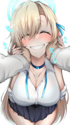 Rule 34 | 1boy, 1girl, ^ ^, asuna (blue archive), asymmetrical bangs, blonde hair, blue archive, blush, breasts, cleavage, closed eyes, collarbone, fingernails, grin, hair over one eye, halo, hand on hand, hands on another&#039;s cheeks, hands on another&#039;s face, hetero, highres, large breasts, long bangs, long hair, nail polish, neck ribbon, pleated skirt, pov, pov hands, school uniform, sensei (blue archive), shirt, simple background, skirt, smile, straight hair, undone neck ribbon, very long hair, ville87804, white background, white shirt