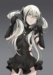 Rule 34 | 1girl, bad id, bad twitter id, black dress, black gloves, blonde hair, breasts, covered navel, covering privates, covering breasts, destroyer (girls&#039; frontline), dress, girls&#039; frontline, gloves, grey background, hair between eyes, hair ribbon, hand in own hair, highres, long hair, looking at viewer, ribbon, selcky, silver hair, solo, twintails, yellow eyes