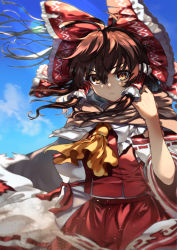 Rule 34 | 1girl, ascot, blue sky, bow, brown eyes, brown hair, closed mouth, cloud, commentary request, cowboy shot, creeper (gametime), day, detached sleeves, dust, frilled bow, frilled hair tubes, frills, hair between eyes, hair bow, hair tubes, hakurei reimu, hand up, highres, long hair, looking at viewer, outdoors, red bow, red skirt, red vest, ribbon-trimmed sleeves, ribbon trim, scarf, skirt, sky, solo, touhou, touhou danmaku kagura, vest, white sleeves, yellow ascot