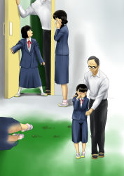 Rule 34 | 1boy, 2girls, arm up, black-framed eyewear, black eyes, black hair, black pants, black socks, blue jacket, blue skirt, blush, bow, braid, covering own mouth, crying, door, embarrassed, from above, from side, full body, glasses, grey hair, hand on another&#039;s shoulder, hand up, hands up, highres, holding hands, indoors, jacket, kneehighs, legs apart, long hair, long sleeves, looking down, looking up, matching hair/eyes, miminari, multiple girls, multiple views, open mouth, original, pants, pink legwear, pleated skirt, puddle, red bow, red ribbon, ribbon, sandals, school uniform, shirt, shoes, short hair, skirt, socks, standing, tears, twin braids, uniform, walking, wet, wet clothes, wet skirt, white footwear, white legwear, white shirt, x-ray