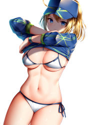 Rule 34 | 1girl, ahoge, artoria pendragon (fate), baseball cap, bikini, blonde hair, blue eyes, blue hat, blue jacket, blush, breasts, cleavage, clothes lift, cowboy shot, curvy, fate/grand order, fate (series), groin, hair between eyes, hair through headwear, hat, highres, jacket, jacket lift, large breasts, long hair, long sleeves, looking at viewer, mysterious heroine x (fate), mysterious heroine xx (fate), navel, ponytail, scarf, shrug (clothing), side-tie bikini bottom, simple background, skindentation, solo, stomach, swimsuit, thigh strap, undressing, white background, white bikini, wsman