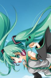 Rule 34 | bad id, bad pixiv id, detached sleeves, falling, green eyes, green hair, hatsune miku, headset, long hair, necktie, reina (black spider), solo, twintails, vocaloid