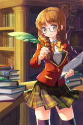 Rule 34 | 1girl, blazer, blunt bangs, book, bow, braid, brown hair, clipboard, feathers, glasses, jacket, library, long hair, lowres, plaid, plaid skirt, pleated skirt, quill, school uniform, skirt, solo, sword girls, thighhighs, twin braids, yellow eyes