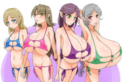 Rule 34 | 4girls, areola slip, armpits, arms up, bikini, blonde hair, blue eyes, blush, breast envy, breasts, cleavage, covered erect nipples, gigantic breasts, green eyes, green hair, grey hair, groin, huge breasts, jt dong-agyoku, large breasts, long hair, lowleg, midriff, multiple girls, nipples, open mouth, original, pointy ears, purple hair, red eyes, smile, swimsuit, very long hair