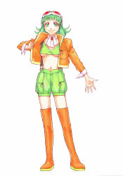 Rule 34 | 1girl, boots, breasts, full body, goggles, goggles on head, green eyes, green hair, gumi, gumi (v3 megpoid), highres, jacket, matching hair/eyes, medium breasts, official art, shorts, simple background, solo, suspenders, thigh boots, thighhighs, underboob, vocaloid, yuuki masami, zettai ryouiki