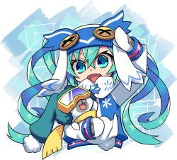Rule 34 | 1girl, :3, :d, aqua hair, blue eyes, button eyes, buttons, creature, gloves, goggles, hat, hatsune miku, long hair, long sleeves, looking at viewer, mittens, negi (ulog&#039;be), open mouth, rabbit, scarf, smile, snowflake print, snowflakes, sparkle, twintails, very long hair, vocaloid, white gloves, yellow scarf, yuki miku, yukine (vocaloid)
