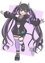 Rule 34 | 1girl, black footwear, black hair, black jacket, black ribbon, black shirt, blunt bangs, blush, boots, breasts, cleavage, commentary request, crop top, demon girl, demon horns, demon tail, full body, highres, horns, jacket, kojo anna, kojo anna (1st costume), leg ribbon, long hair, long sleeves, looking at viewer, medium breasts, midriff, multicolored footwear, multicolored hair, nanashi inc., navel, off shoulder, open clothes, open jacket, open mouth, outstretched arms, pink background, pointy ears, purple footwear, purple hair, purple thighhighs, ribbon, robou no stone, see-through, see-through cleavage, see-through shirt, shirt, single thighhigh, sleeveless, sleeveless shirt, smile, solo, standing, standing on one leg, sugar lyric, tail, thigh strap, thighhighs, twintails, two-tone background, two-tone hair, virtual youtuber, white background, white footwear, yellow eyes, zipper