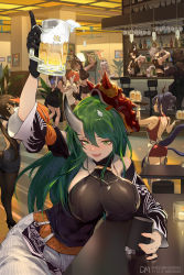 Rule 34 | :d, absurdres, alcohol, alternate costume, amiya (arknights), arknights, arm ribbon, arm scarf, bar (place), bare shoulders, belt, black gloves, blue hair, bottle, breasts, brown hair, ch&#039;en (ageless afterglow) (arknights), ch&#039;en (arknights), chair, commentary request, cup, detached sleeves, dice, dm (dai miao), doctor (arknights), dress, exusiai (arknights), gloves, green eyes, green hair, hair between eyes, hair bun, halo, highres, holding, holding tray, horns, hoshiguma (arknights), hoshiguma (ronin huntress) (arknights), indoors, jewelry, lappland (arknights), large breasts, long hair, mask, mask on head, matterhorn (arknights), midriff, mostima (arknights), multiple girls, necklace, official alternate costume, open mouth, pillar, red dress, ribbon, sideboob, silver hair, silverash (arknights), single hair bun, single horn, skin-covered horns, smile, table, texas (arknights), tray