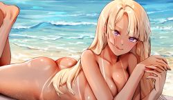 Rule 34 | 1girl, ass, bad id, bad twitter id, beach, bikini tan, blonde hair, blush, breasts, collarbone, foxyreine, highres, large breasts, licking lips, long hair, looking at viewer, lying, mole, mole on breast, mole under eye, nude, ocean, on stomach, original, purple eyes, sand, sasha (foxyreine), shore, smile, solo, tan, tanline, the pose, tongue, tongue out