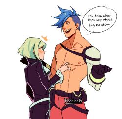 Rule 34 | 2boys, abs, ascot, back, bare pectorals, belt, belt pouch, black belt, black gloves, black jacket, black pants, blue eyes, blue hair, blush, chest harness, closed mouth, couple, english text, eye contact, frilled sleeves, frills, galo thymos, gloves, green hair, harness, height difference, jacket, leather, leather jacket, leather pants, lio fotia, looking at another, male focus, mohawk, multiple boys, naughty face, navel, nipples, open mouth, orange pants, pants, pectorals, pockicchi, pouch, promare, short hair, short hair with long locks, sidelocks, simple background, single bare shoulder, smile, speech bubble, spiked hair, surprised, toned, toned male, upper body, white ascot, white background, yaoi