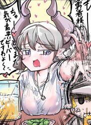 Rule 34 | 1girl, alcohol, annoyed, beer, blush, breasts, drunk, grey eyes, grey hair, heart (symbol), horns, japanese text, jewelry, knight (yu-gi-oh!), large breasts, lovely labrynth of the silver castle, maikeru (maikeruex), maikeruexe, necklace, see-through, tagme, translation request, yu-gi-oh!