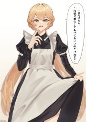 Rule 34 | 1girl, alternate costume, apron, blonde hair, breasts, clothes lift, dress, dress lift, feet out of frame, finger to mouth, girls&#039; frontline, highres, long hair, looking at viewer, maid, maid apron, open mouth, ots-14 (girls&#039; frontline), saturndxy, solo, standing, translation request, very long hair, white background, yellow eyes
