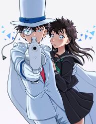 Rule 34 | 1boy, 1girl, aiming, aiming at viewer, blue eyes, blush, brown hair, cape, commentary request, couple, floating cape, floating clothes, floating hair, formal, gloves, gun, hand on another&#039;s back, handgun, hat, hetero, highres, holding, holding gun, holding weapon, kaitou kid, long hair, looking at another, looking at viewer, magic kaito, monocle, monocle chain, mu gi non, nakamori aoko, necktie, pleated skirt, protecting, red necktie, school uniform, short hair, skirt, suit, tearing up, top hat, weapon, white cape, white gloves, white suit