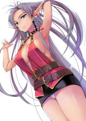 Rule 34 | 1girl, bare shoulders, belt, braid, breasts, brown belt, character request, cleavage, collar, commentary request, copyright request, dragon knight 4, elf, from below, large breasts, long hair, looking at viewer, marlene, o-ring, o-ring collar, o-ring top, panties, pointy ears, purple hair, red ribbon, ribbon, shiroyukimajima, simple background, sleeveless, solo, twin braids, underwear, white background, white panties