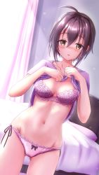 Rule 34 | 1girl, absurdres, ahoge, bed, bed sheet, bikini, blush, bow, bow panties, bra, breasts, brown hair, cleavage, clothes lift, curtains, dutch angle, feet out of frame, gluteal fold, highres, idolmaster, idolmaster cinderella girls, idolmaster cinderella girls starlight stage, indoors, jacket, kohinata miho, lace, lace-trimmed bra, lace trim, light particles, light rays, lying, masuku (saint mask), navel, nose blush, on back, panties, parted lips, pillow, pink bikini, pink bra, pink panties, pink shirt, shirt, shirt lift, short hair, sidelocks, small breasts, solo, sunbeam, sunlight, swimsuit, thighs, underwear, undressing, yellow eyes